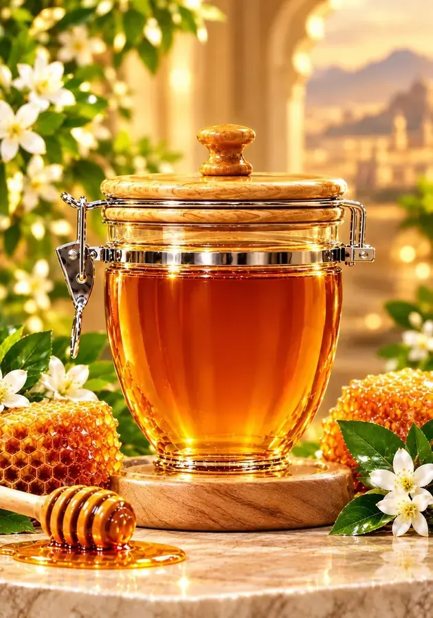 Royal Sidr Honey in a glass jar with honeycomb and honey dipper